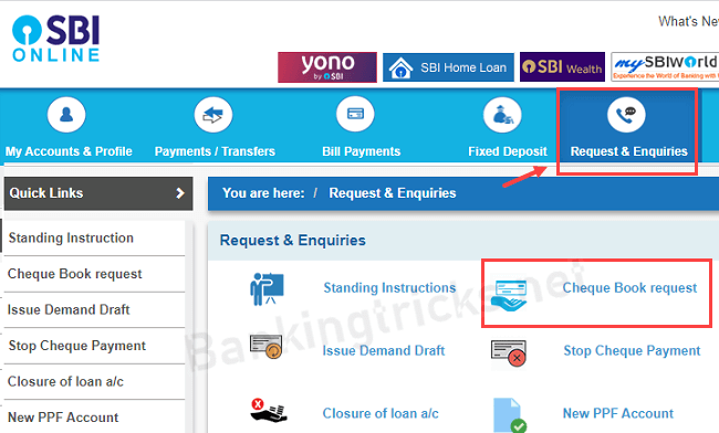 SBI Cheque Book Request Online