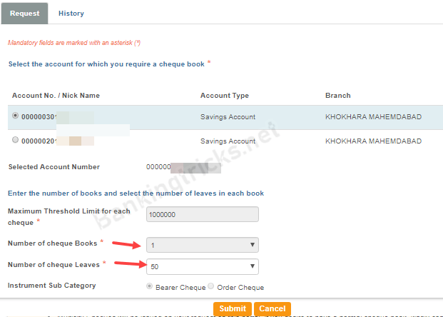 SBI Cheque Book Request Online