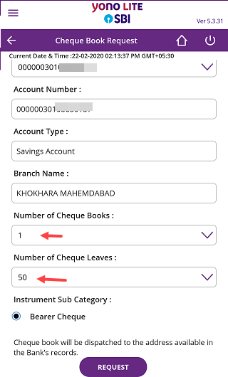 SBI Cheque Book Request Online