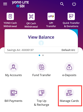 SBI Mobile Banking Manage Cards