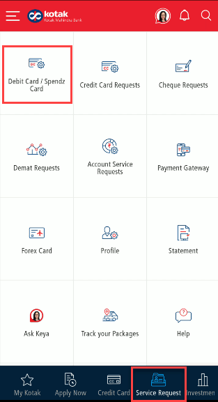 Kotak service request debit card