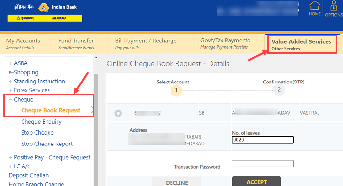 Indian Bank Cheque Book Online