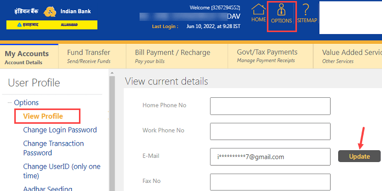 Change/Update Indian Bank email ID Online