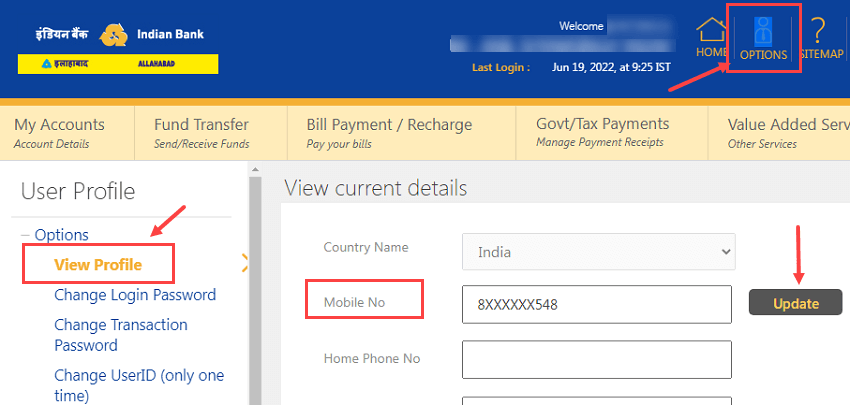 Change Indian Bank Account registered mobile number online