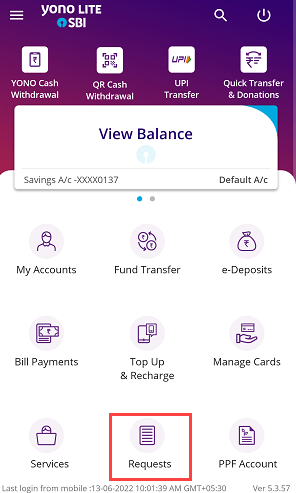 SBI YONO Lite Requests tab