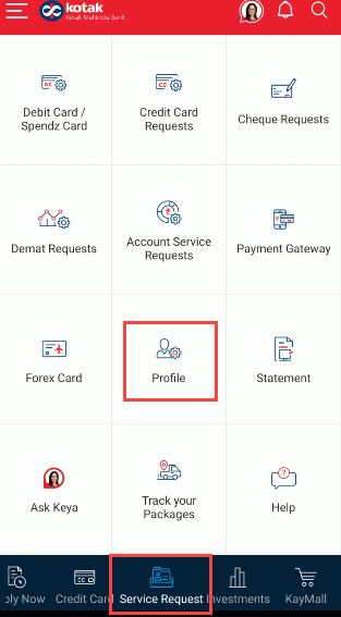Kotak mobile banking service request