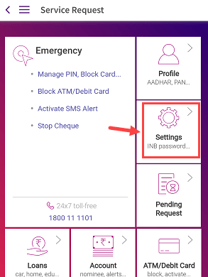 SBI YONO Settings section