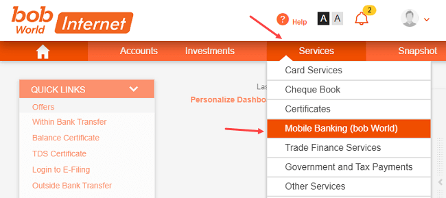 Deactivate Bank of Baroda mobile banking (BOB World) online 