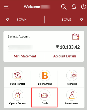 IndusInd Bank Mobile Banking Cards section