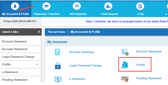 SBI My accounts and profile