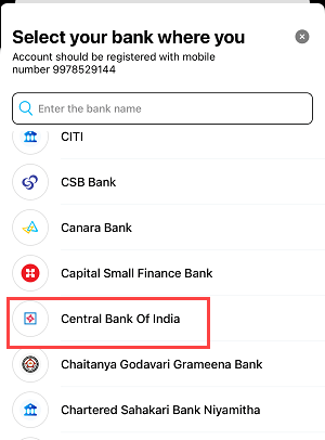 adding a Central Bank of India bank account to Paytm using a debit card