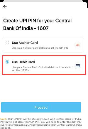 adding a Central Bank of India bank account to Paytm using a debit card
