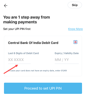 adding a Central Bank of India bank account to Paytm using a debit card