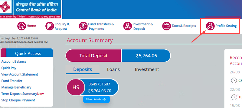 Register mobile number Central Bank of india online