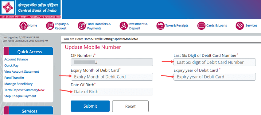 Register mobile number Central Bank of india online