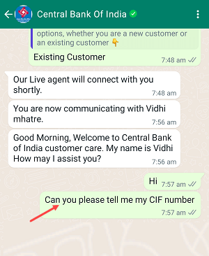 Central Bank of India CIF Number
