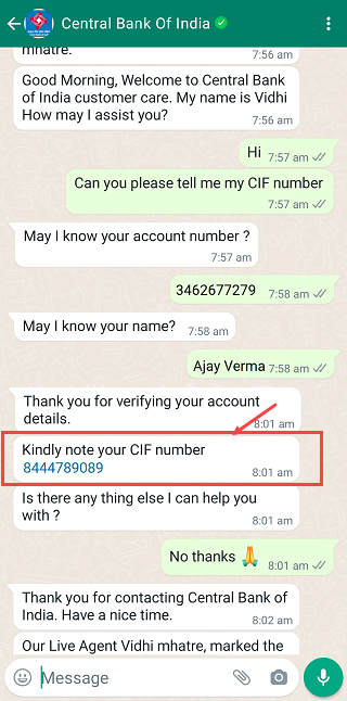 Central Bank of India CIF Number