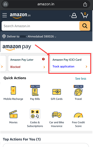 Track amazon Pay ICICI Credit card status