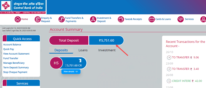 Central Bank of India check balance online