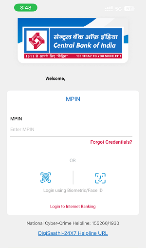 login Central Bank of India mobile banking
