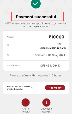 NEFT Transfer IDFC First Bank