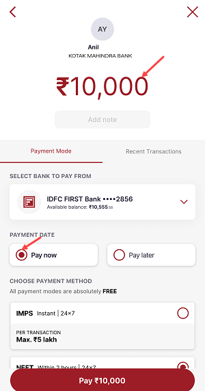 NEFT Transfer IDFC First Bank
