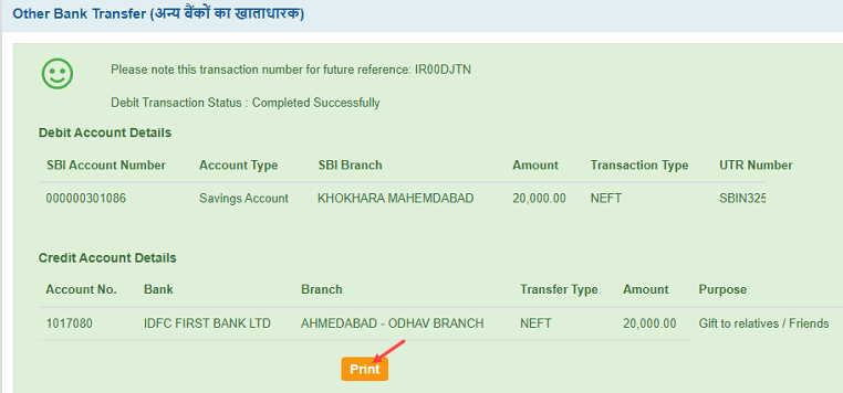NEFT Money Transfer via SBI Net Banking
