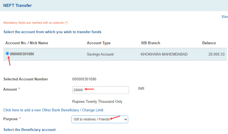NEFT Money Transfer via SBI Net Banking