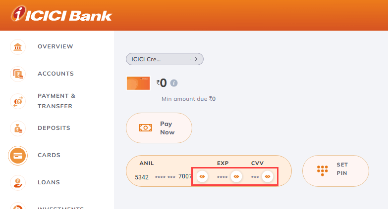  View ICICI Credit Card Number, CVV, and Expiry Date Online